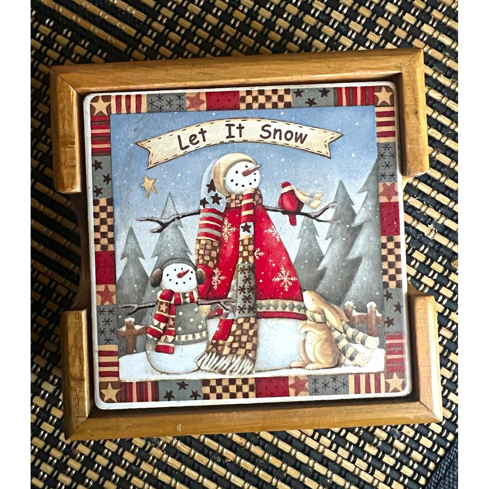 Vintage PSI Let It Snow Snowman Coasters Set of 4 w Wood Holder Christmas